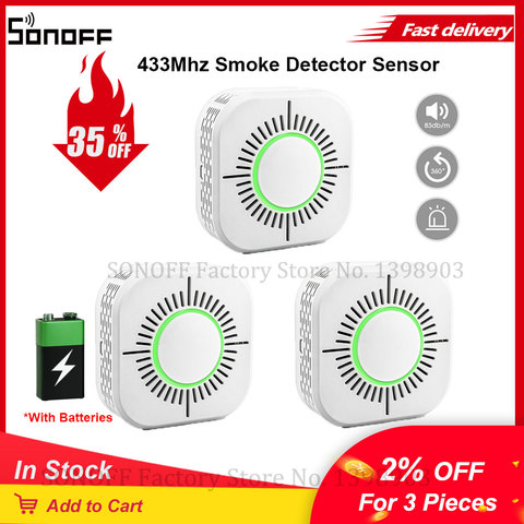 EWeLink-alarma de casa inteligente inalámbrica, Sensor Detector de humo RF de 433Mhz con batería, funciona con SONOFF RF Bridge, 3 uds. ► Foto 1/6