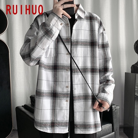 RUIHUO-camisas a cuadros para hombre, camisa de manga larga a la moda, Harajuku, informal, ajustada, M-5XL, 2022 ► Foto 1/6