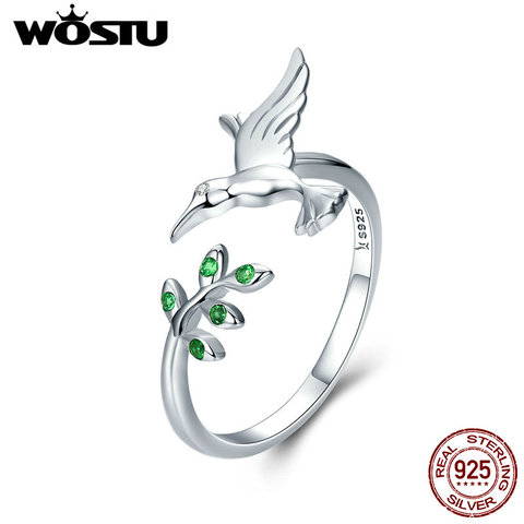 Wostuu auténtica Plata de Ley 925 anillo de colibrí y hojas para mujer estilo de la naturaleza S925 joyería de plata regalo CQR323 ► Foto 1/6