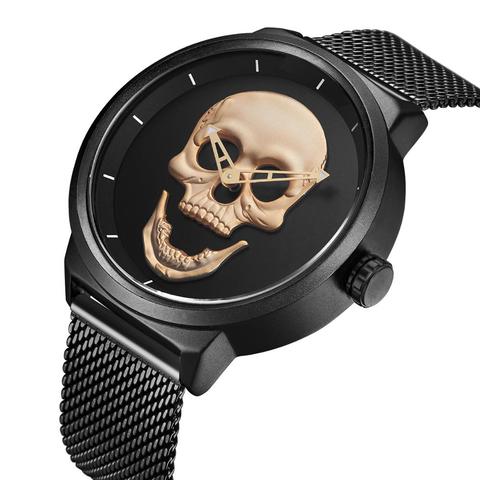 Reloj de pulsera de cuarzo para hombre, cronógrafo informal con diseño de calavera dorada, de acero inoxidable, color negro, a la moda ► Foto 1/6