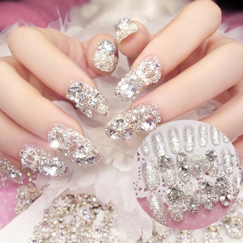 Uñas postizas de lujo para boda, brillantes, 24 Uds., gemas transparentes con brillo, corona, diseño cuadrado completo, uñas postizas para novia ► Foto 1/6