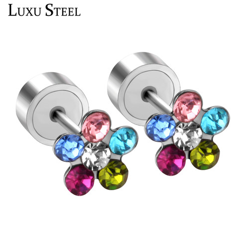 LUXUSTEEL-Pendientes de tuerca de flor de circonia cúbica para mujer/niña/bebé, de acero inoxidable, de cristal, joyería ► Foto 1/5