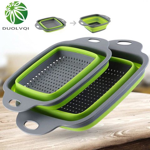 Colador plegable Duolvqi para cesta de lavado de frutas y verduras, colador de silicona portátil, escurridor plegable con utensilios de cocina con mango ► Foto 1/6