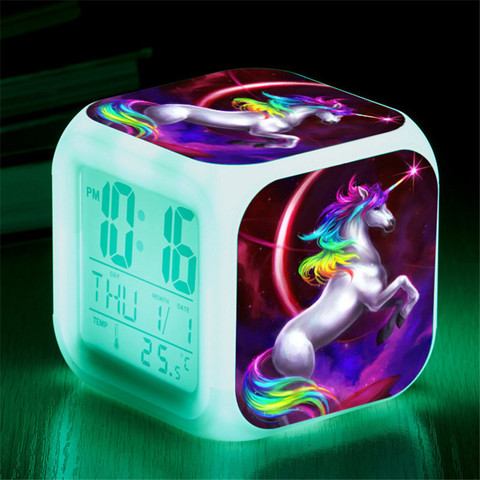 Reloj despertador con dibujos de unicornios y 7 colores, luz de noche, alarma Digital Led, Reloj de escritorio estudiantil con termómetro para niños ► Foto 1/6