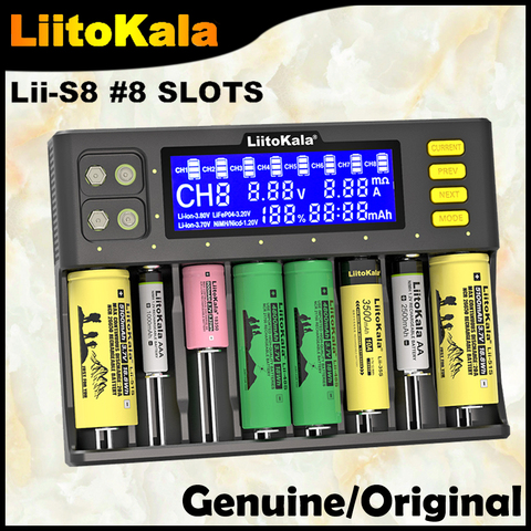 LiitoKala Lii-S8 LCD cargador de batería Li-Ion 3,7 V NiMH 1,2 V Li-FePO4 3,2 V IMR 3,8 V para 18650, 26650, 21700, 26700, 18350 AA AAA 9V 9V ► Foto 1/5