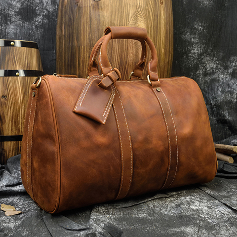 Bolso de viaje de cuero genuino para hombre, bolsa de viaje de piel de Caballo loco, duradero, gran capacidad, de hombro grande, fin de semana ► Foto 1/6