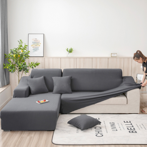 De color sólido para sofá fundas de sofá de la sala de toalla resistente al deslizamiento elástico en forma de L Chaise Longue (medida sofá antes de comprar) ► Foto 1/6