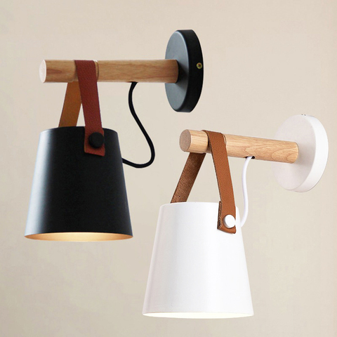 Lámpara de pared moderna para dormitorio, candelabro de madera con cinturón de cuero, color blanco y negro, estilo nórdico ► Foto 1/6