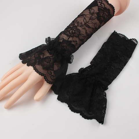 Guantes de conducción de manga elástica para mujer, manguitos para el brazo cubiertos, encaje plisado, guantes con gancho, cortos sin dedos largos ► Foto 1/6