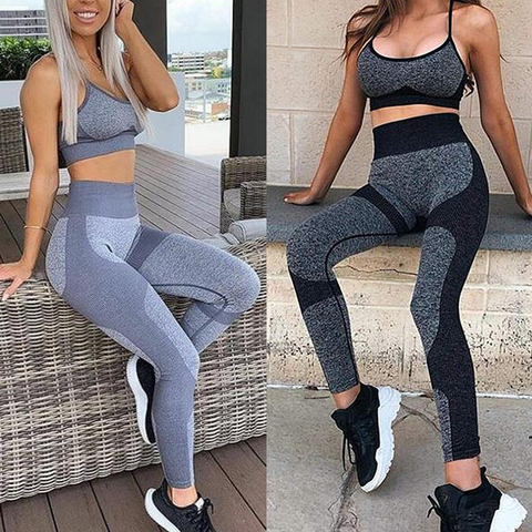 Conjunto de yoga de tirantes sin costuras para mujer, ropa deportiva, mallas y top sujetador para gimnasio, de realce sexy ► Foto 1/1