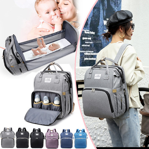 Mochila para madres multifunción, portátil, gran capacidad, bolsa de pañales, cambiador, bolsa de maternidad, cama de viaje plegable para mamá, bebé al aire libre ► Foto 1/6