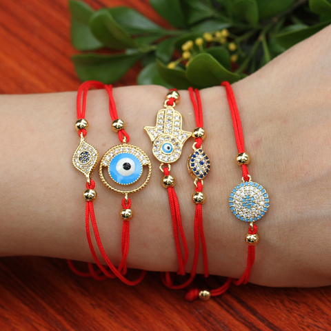 Pulsera de ojo turco ajustable para mujer y niña, cordel rojo, microcirconia cúbica, mano de ojo turco, palma del destino, cadena Kabbalah ► Foto 1/6