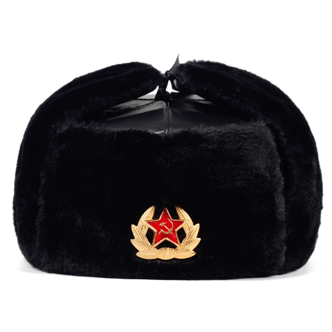 Insignia militar del ejército ruso sombrero de piloto cazador, sombrero de policía, conejo de imitación con orejeras de piel, gorros de nieve para hombre ► Foto 1/6