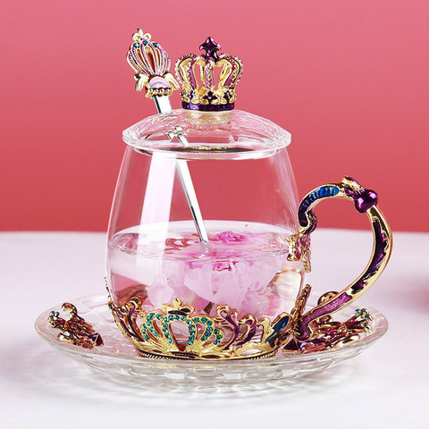 Taza de cristal esmaltada con cuchara para el hogar, vaso de vidrio resistente a altas temperaturas, taza de café o té con flores ► Foto 1/6