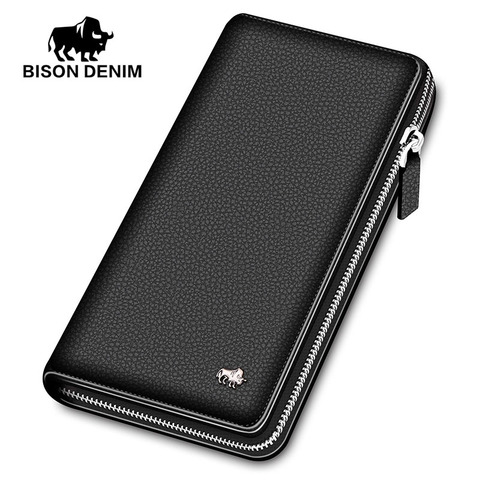 BISON DENIM-billeteras de cuero genuino para hombre, Con cremallera larga bolso de mano, informal, de negocios, tarjetero, cartera para teléfono ► Foto 1/6