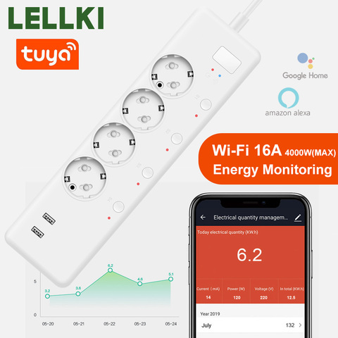 Tira de potencia inteligente con Wifi para la UE, enchufe de 16A, Monitor de potencia, USB, Cargador rápido, Control por voz, con aplicación Alexa, Google Home y Tuya ► Foto 1/6