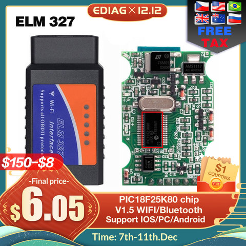 OBD2 ELM327 V1.5 Bluetooth/WIFI herramienta de diagnóstico del coche ELM 327 OBD código lector Chip PIC18F25K80 trabajo Android/IOS /Windows del coche 12V ► Foto 1/6