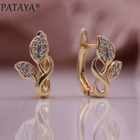 PATAYA-pendientes con colgante de hoja para mujer, aretes de circonita Natural de oro rosa 585, joyería de moda de boda, aretes de compromiso calados finos ► Foto 1/6