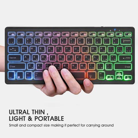 Rii-teclado inalámbrico con Bluetooth 4,0 para iOS, Android y MacBook, multicolor, retroiluminado con LED, ruso, con batería recargable ► Foto 1/6