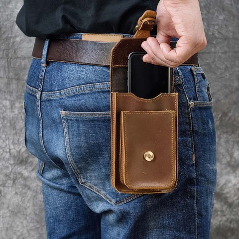 Luufan-riñonera pequeña informal de cuero auténtico para hombre, bolso de cuero de vaca, a la moda, con gancho, cinturón, funda para cigarrillos, bolsa para teléfono de 5,5 pulgadas ► Foto 1/6