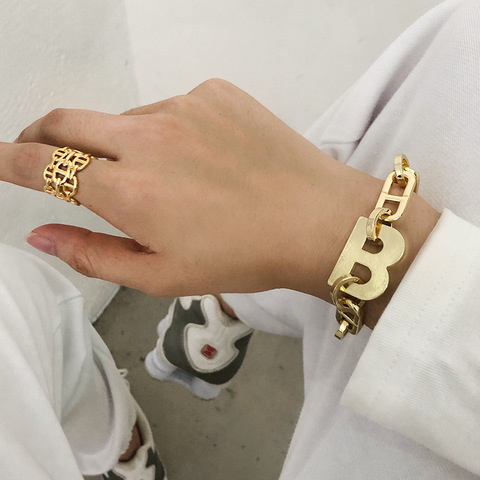 Flashbuy-Pulseras de Metal con letras B para mujer, de Color dorado, cadena de eslabones gruesos, joyería de moda, 2022 ► Foto 1/6