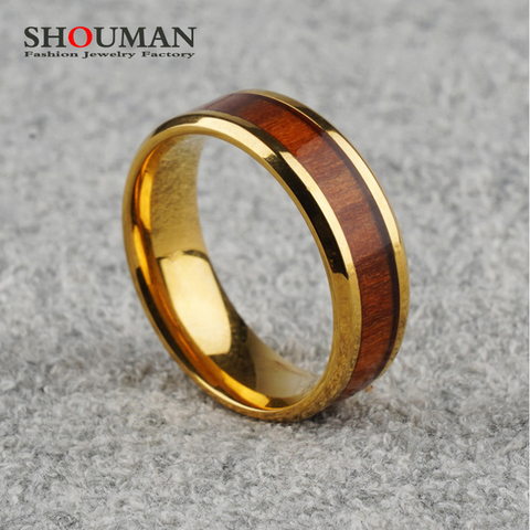 SHOUMAN 8mm Real incrustaciones de madera de 316L de acero inoxidable Anillos Masculinos oro Color azul para hombres mujeres boda banda de la joyería ► Foto 1/6