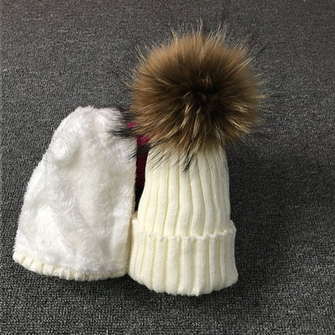 Gorros de invierno para niños, gorros de punto a la moda, gorros de piel de mapache Real con pompón, conjunto de sombreros, bufanda, 2022 ► Foto 1/3