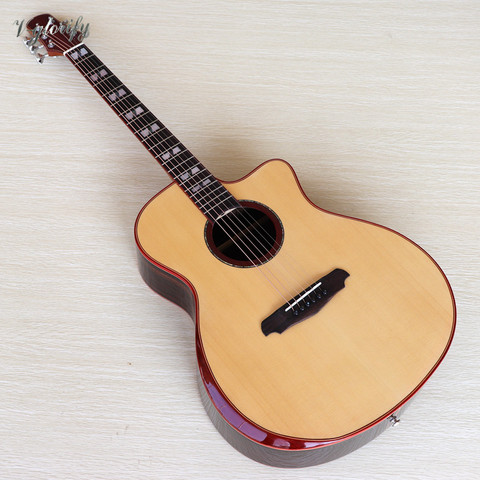 Guitarra acústica de 41 pulgadas, instrumento hecho a mano de alto brillo, superior de madera maciza, 6 cuerdas, color natural, con esquina radian ► Foto 1/6