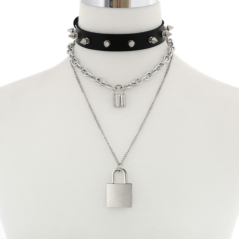 Collar de cadena con candado Punk para hombre y mujer, Gargantilla con puntas góticas, colgante gótico, joyería emo de cuero negro ► Foto 1/6