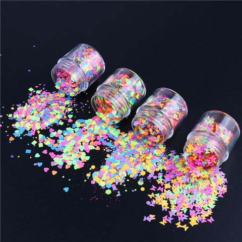 Decoración de uñas de mariposa hexagonal, lentejuelas brillantes que brillan en la oscuridad, fluorescentes, amor, forma de corazón, puntas de manicura en escamas, 10ml/frasco ► Foto 1/6