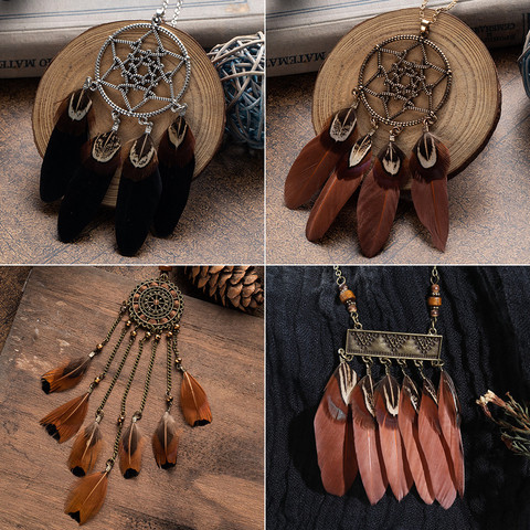 Étnico Elegante Largo Negro Marrón Collares de cadena de cuero de plumas para mujeres Niñas Accesorio de oficina Disfraces de Bohemia Vintage Dream Catcher Colgantes Suéter Collar Joyería ► Foto 1/6