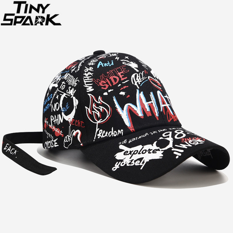 Gorra de Hip Hop para hombre y mujer, gorro con dibujo grafiti de estilo japonés, Harajuku, ropa de calle, gorras de béisbol con Cierre trasero para padre, sombrero ajustado en blanco y negro ► Foto 1/6