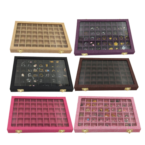 Caja de soporte para anillo con tapa de cristal transparente de 54 rejillas, escaparate con 40 ranuras, organizador de joyas, joyero para pendientes, collares y pulseras ► Foto 1/6