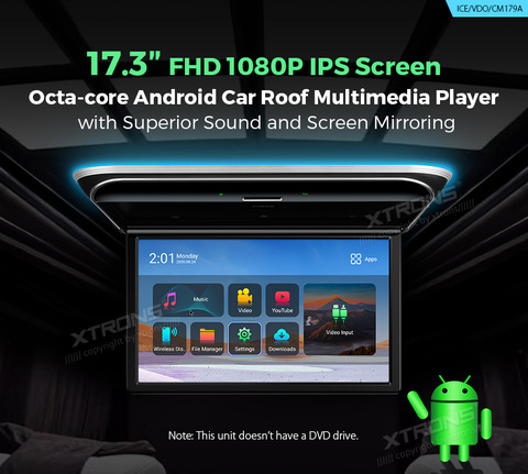 XTRONS-Monitor Android de 17,3 pulgadas para coche, reproductor de techo con pantalla ancha IPS Digital, HD, 1080P, montaje ultrafino, IR, FM, USB ► Foto 1/6