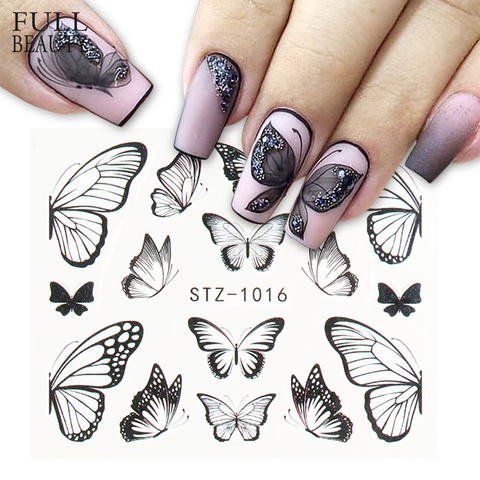 Calcomanías y pegatinas de Mariposa Negra para uñas, tatuaje de agua colorido para manicura de uñas, arte deslizante, decoración, CHSTZ982-1017, azul y flor, 1 ud. ► Foto 1/6