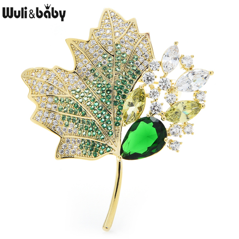 Wuli & baby-broches de Hojas de arce de circonia cúbica para mujer, de lujo, de 3 colores, con flores, para bodas y oficina, regalos ► Foto 1/5