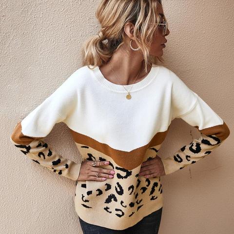2022 de moda de leopardo de las mujeres suéter otoño invierno de las señoras o-cuello de manga completa Casual de mujer jerseys de gran tamaño ► Foto 1/6