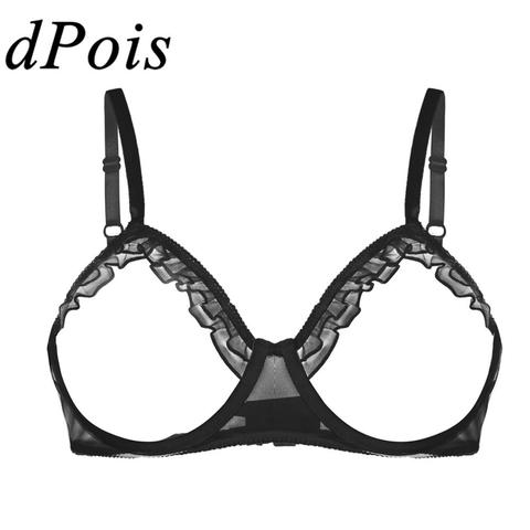 Sujetador de copas transparente de malla transparente para mujer, lencería Sexy, bralette con volantes, tirantes finos, sujetador con aros y pecho descubierto ► Foto 1/6