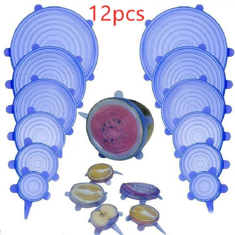 6/12 Uds tapas de silicona estirables reutilizables Universal funda para tapa de alimentos cocina reutilizable lavable silicona envoltura de alimentos tapa mágica tapas silicona adaptables ► Foto 1/6