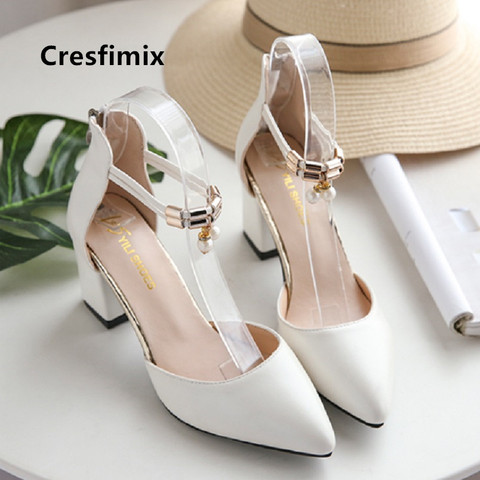 Cresfimix-zapatos de tacón alto para mujer, calzado de tacón alto con correa de hebilla de cuero Pu blanco suave, clásico, Beige, a la moda, B5528 ► Foto 1/6