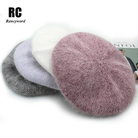 Rancyword-gorros con conejo de Angora para mujer, gorros femeninos de Color sólido, para caminar, cálidos y combinados, para invierno, RC2088-1 ► Foto 1/6