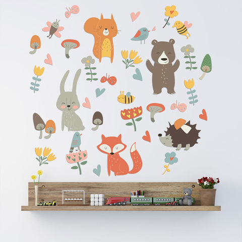 Pegatina de pared de fiesta de animales del bosque para habitación de niños, papel tapiz de decoración, Mural, calcomanías de arte para el hogar, pegatinas combinadas de dibujos animados ► Foto 1/6