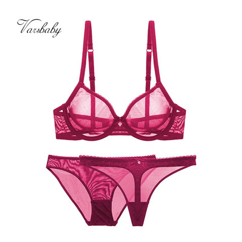 Varsbaby-ropa interior de encaje de malla, Sexy, transparente, sin forro, 1 sujetador + 2 bragas, Conjunto de sujetador de talla grande 32-42CDE ► Foto 1/6