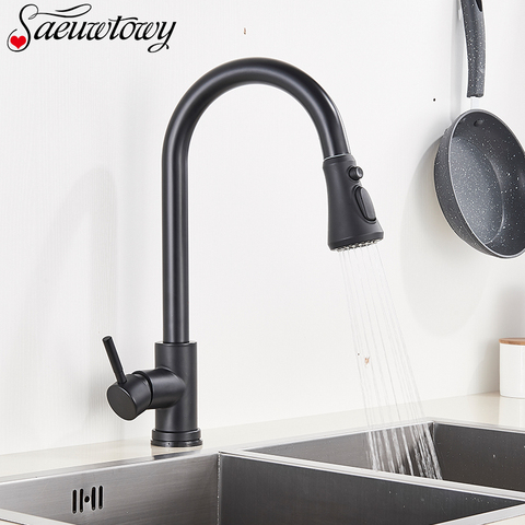 Saeuwtowy-grifo negro mate para instalación en cubierta, rociador extraíble para fregadero de cocina, giratorio de 360 ° ► Foto 1/6