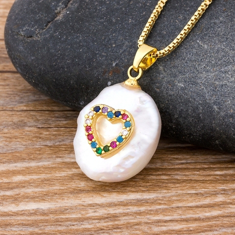 Moda colorido CZ pavé diminuto colgante de corazón perlas de agua dulce de la moneda de oro cadena Chic colgante gargantilla collar de la joyería de las mujeres ► Foto 1/4