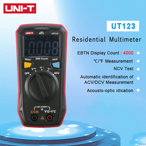 Unidad de UNI-T UT123 Mini multímetro Digital de rango automático de datos de retención de CA CC voltímetro Ohm temperatura NCV/probador de continuidad EBTN pantalla ► Foto 1/6