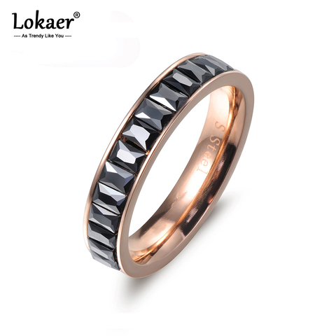 Lokaer clásico de acero inoxidable anillos de incrustación rectángulo negro cúbicos circonita compromiso de boda anillo para mujer nupcial Juegos R17027 ► Foto 1/6