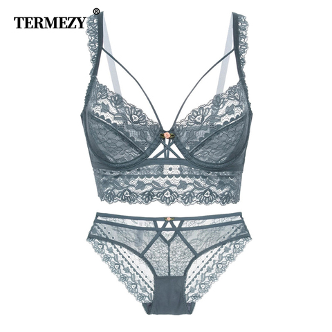 TERMEZY-Conjunto de sujetador transparente con copa ultrafina, ropa interior Sexy de encaje, Floret, lencería con decoración, sujetador y bragas cómodas ► Foto 1/6