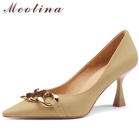 Meotina-zapatos de tacón alto de piel auténtica Natural para mujer, calzado con punta puntiaguda, decoración de Metal, tacón de aguja, color amarillo ► Foto 1/6