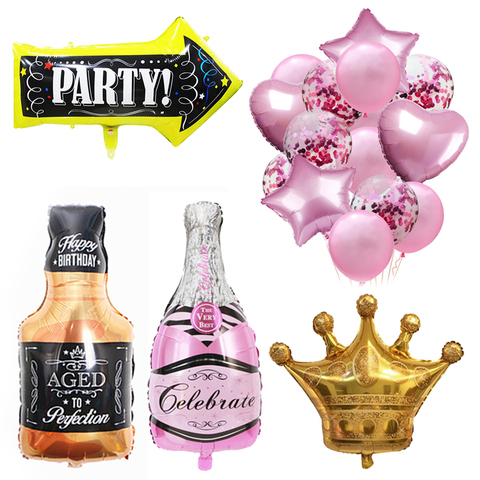 Botella de Whisky, copa de champán, globos, 18 30, 40 años, adornos para fiesta de cumpleaños, corona de rey adulto, globo de boda ► Foto 1/5